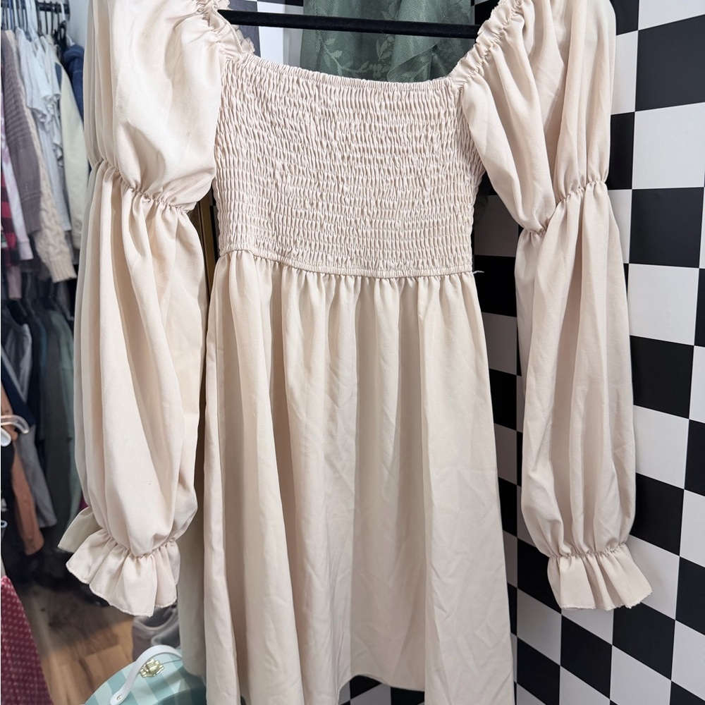 Cream Off-Shoulder Smocked Dress